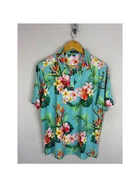 Bad Birdie Mens Tropical Floral Golf Polo Shirt Teal Blue Bird of Paradise M